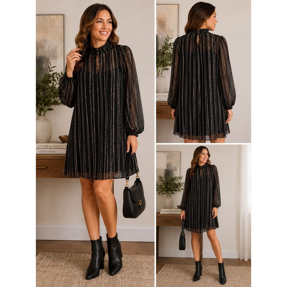 Harper Rose Black Trapeze Dress Size 10 Mock Neck Balloon Sleeve Shift Dress